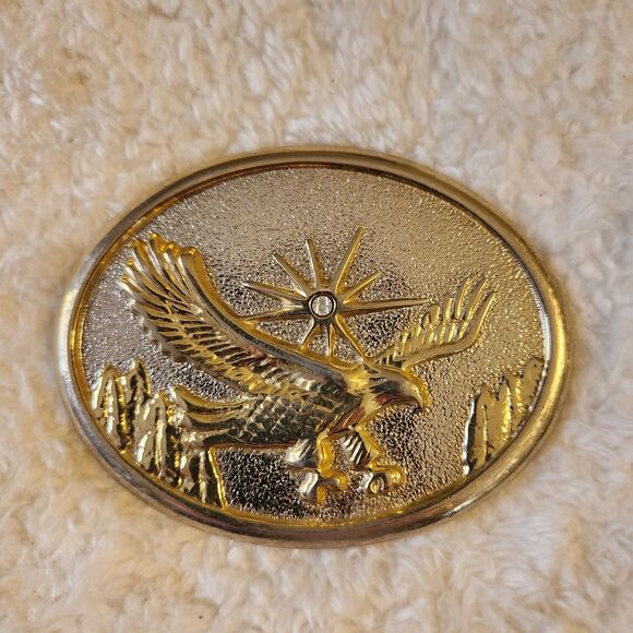 Unbranded Other - Vintage 3" Silver Gold Tone Flying Eagle Over Trees w/Sunburst Oval Belt Buckle